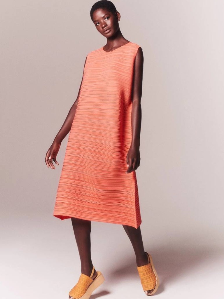 Pleats Please Issey Miyake Sheer Bounce Dress In Neon Orange Size 3